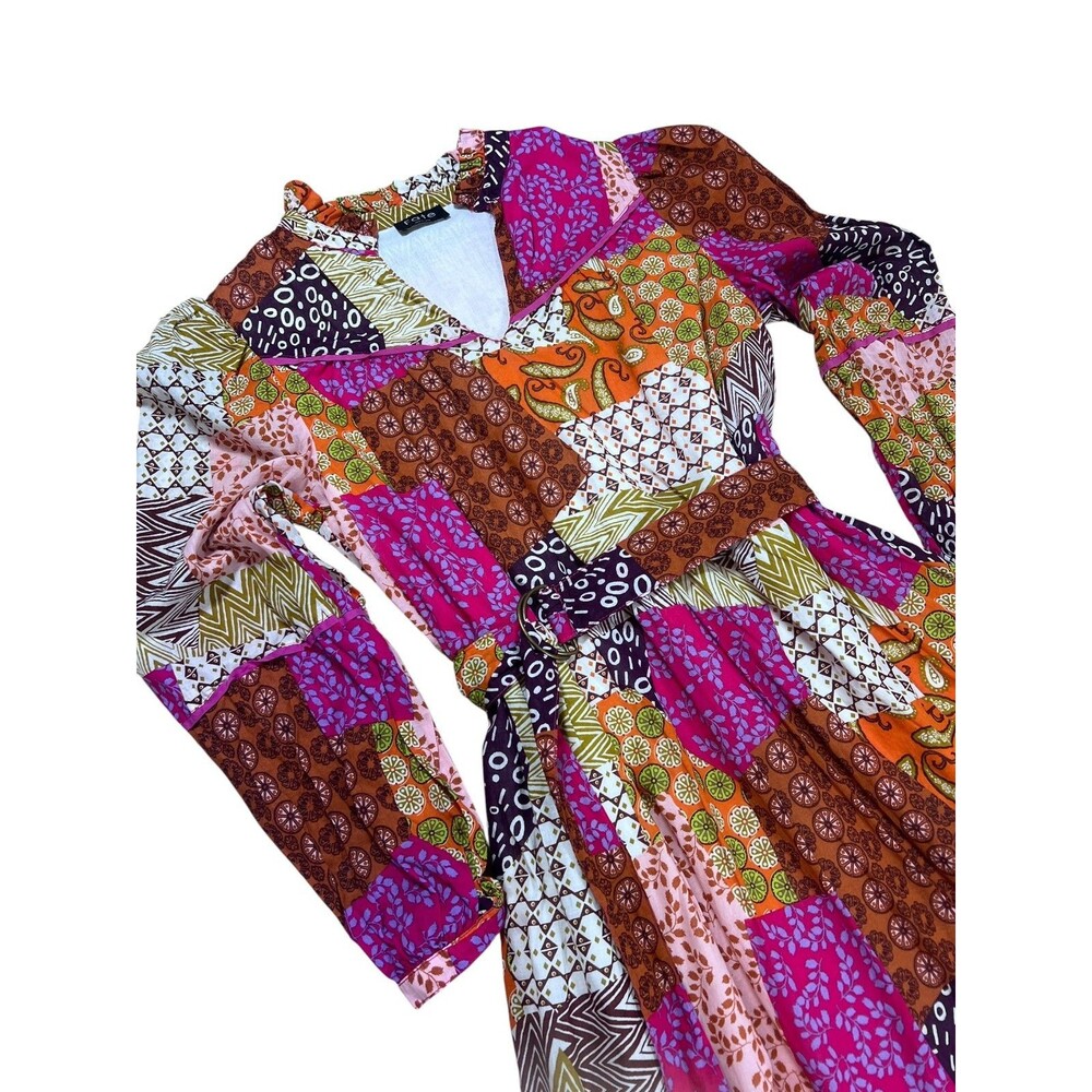 Fate Patchwork Boho Midi Maxi Dress Medium Cotton Belted Tiered Pockets 50" - Picture 10 of 13